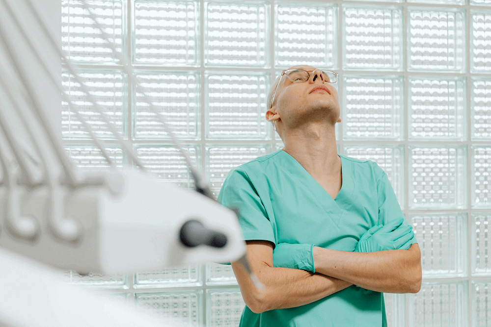 Stressed doctor scrubs