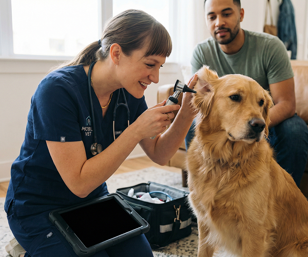 Photo Vet with dog at home