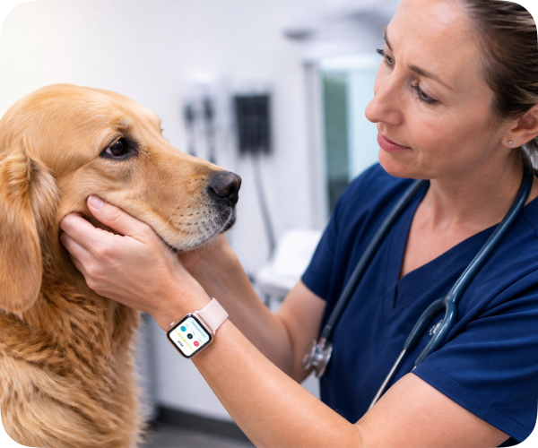 A veterinarian examining a dog in a vet clinc wearing an apple watch for soap note dictation