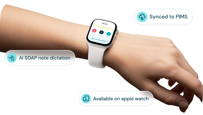 Apple watch on a human wrist surrounded by speech bubbles